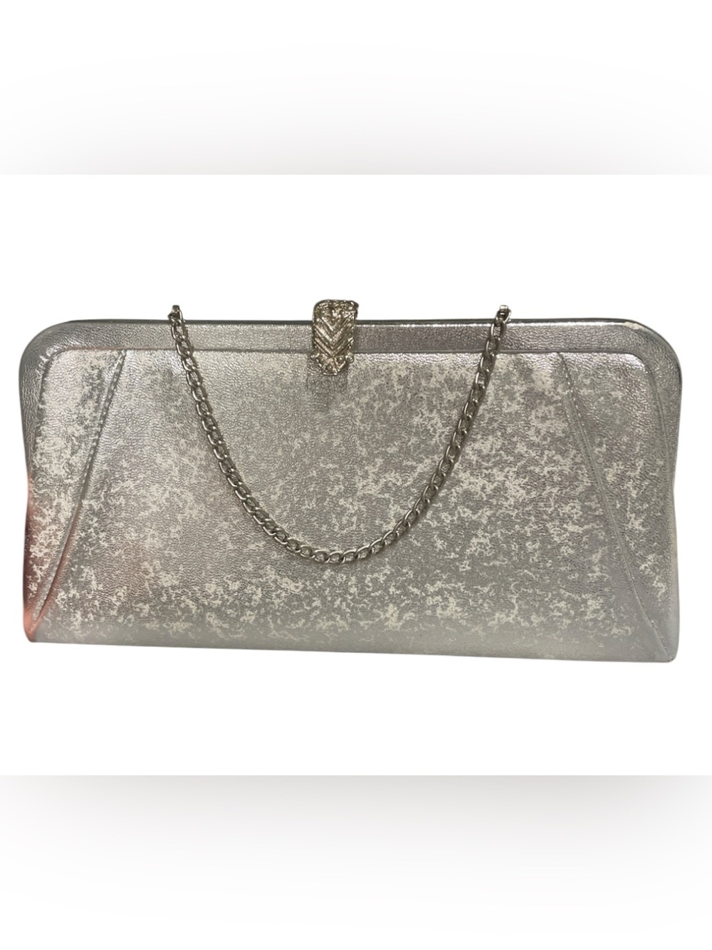 Vintage Silver Metallic Frame Clutch Evening Bag Chain Handle